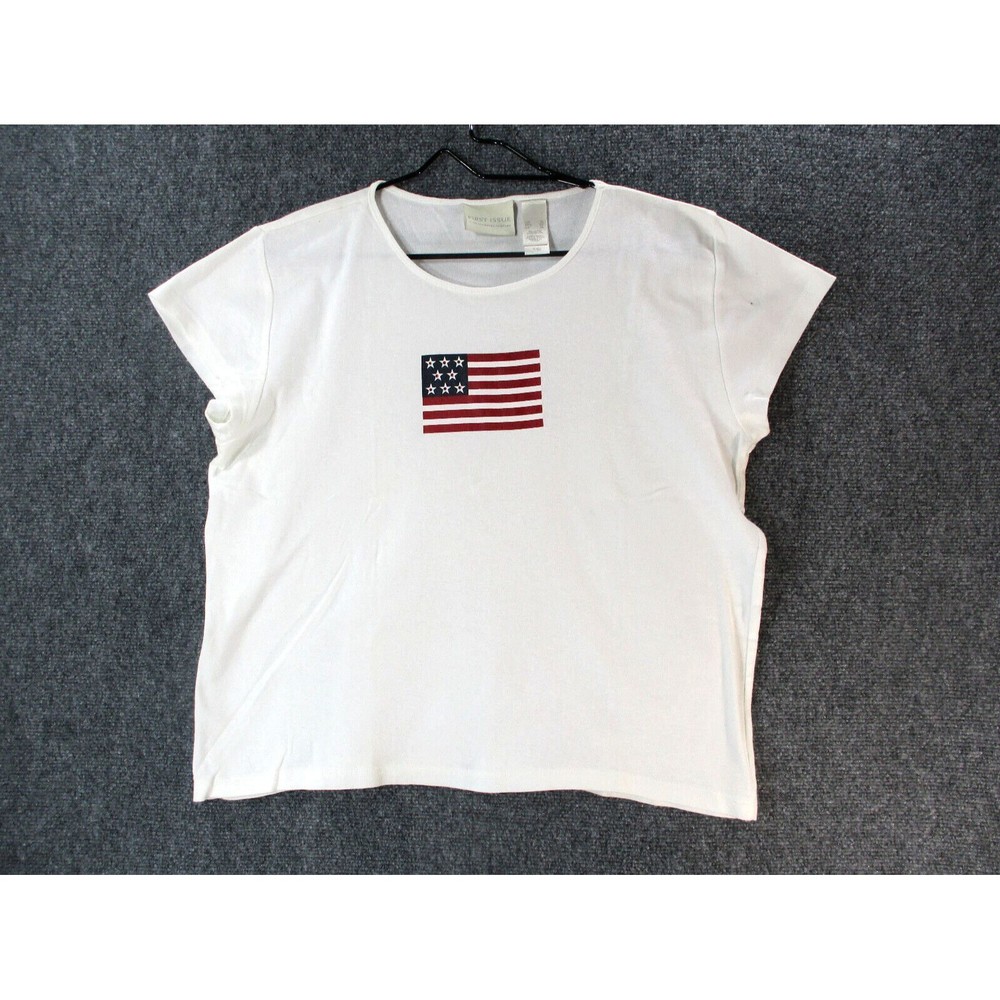 Liz Claiborne Shirt Womens Large White USA American Flag Short Sleeve Crew Top L